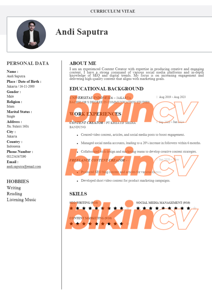 Contoh Template CV Content Creator Bahasa Inggris